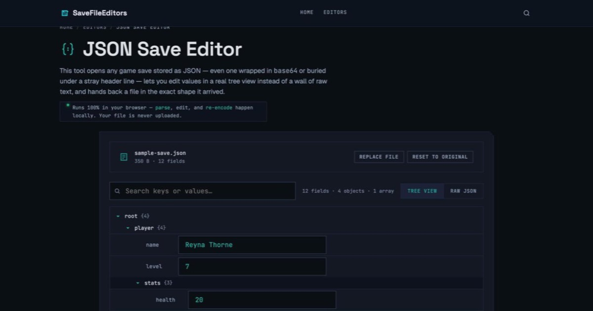 JSON Save Editor showing a save file's tree view with player.stats.health expanded and editable.