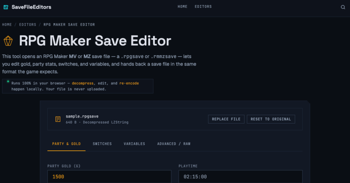 RPG Maker save editor showing the editable party gold and playtime fields.