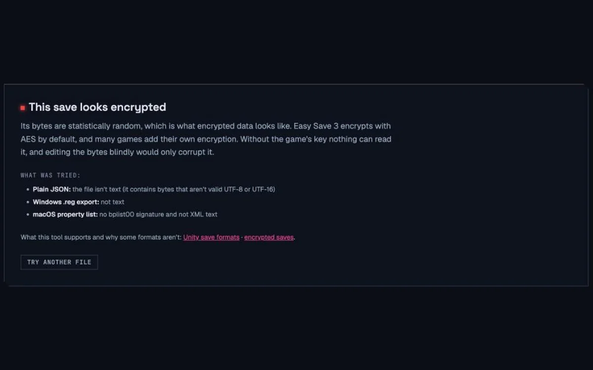 Unity Save Editor refusing an encrypted Easy Save file with the message This save looks encrypted, an explanation, and the list of formats it tried.