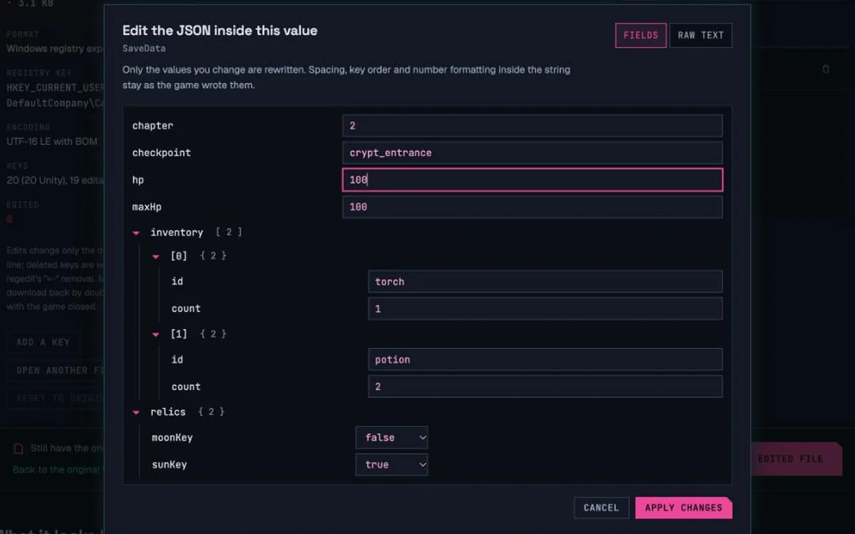 The Edit JSON form open on a SaveData PlayerPrefs string, showing chapter, checkpoint, hp, inventory and relics fields from the JSON stored inside it.