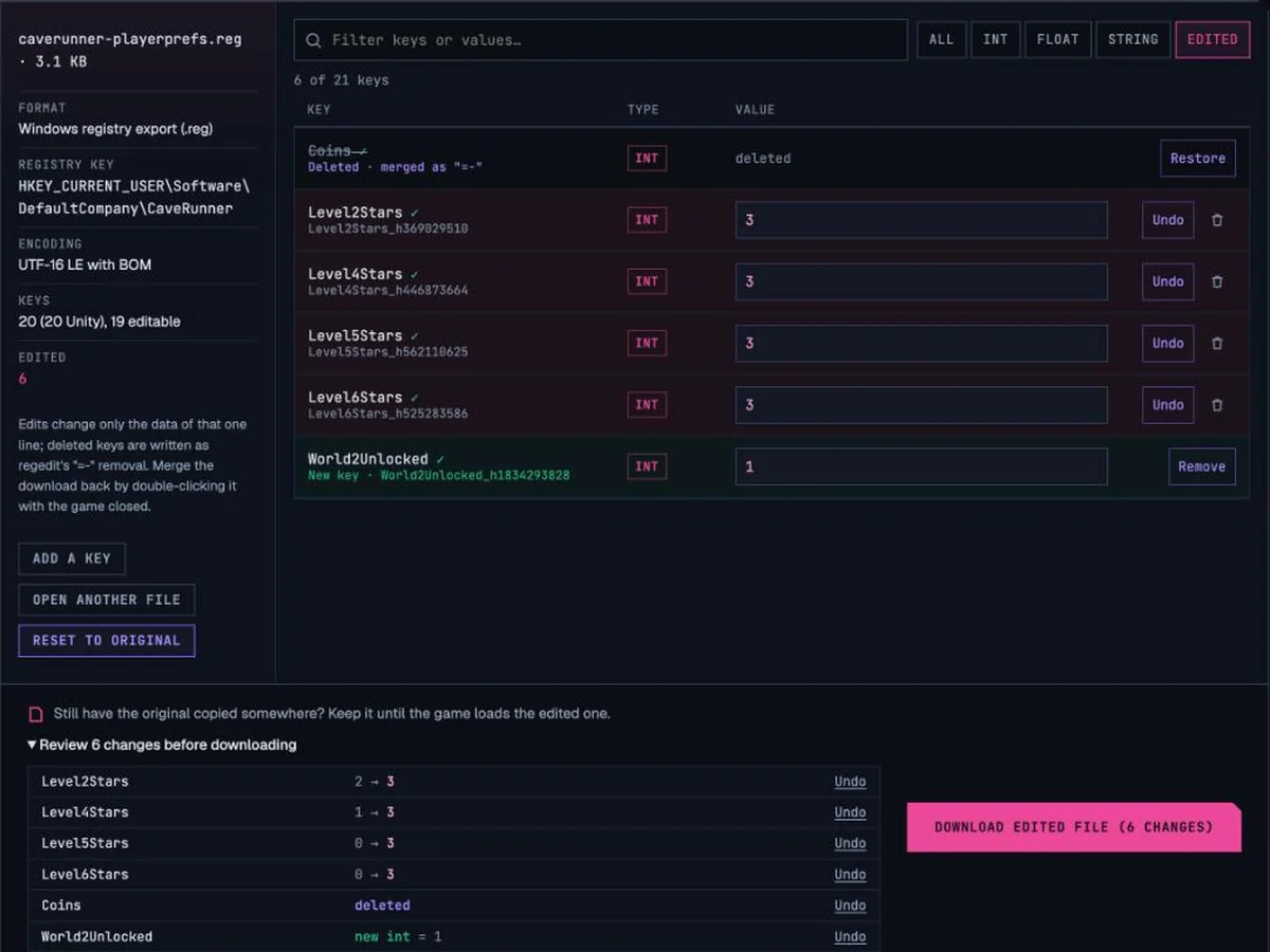 Unity Save Editor with a Windows registry export open: every Level Stars key set to 3 in one step, a deleted Coins key, a new World2Unlocked key, and the review list of changes above the download button.